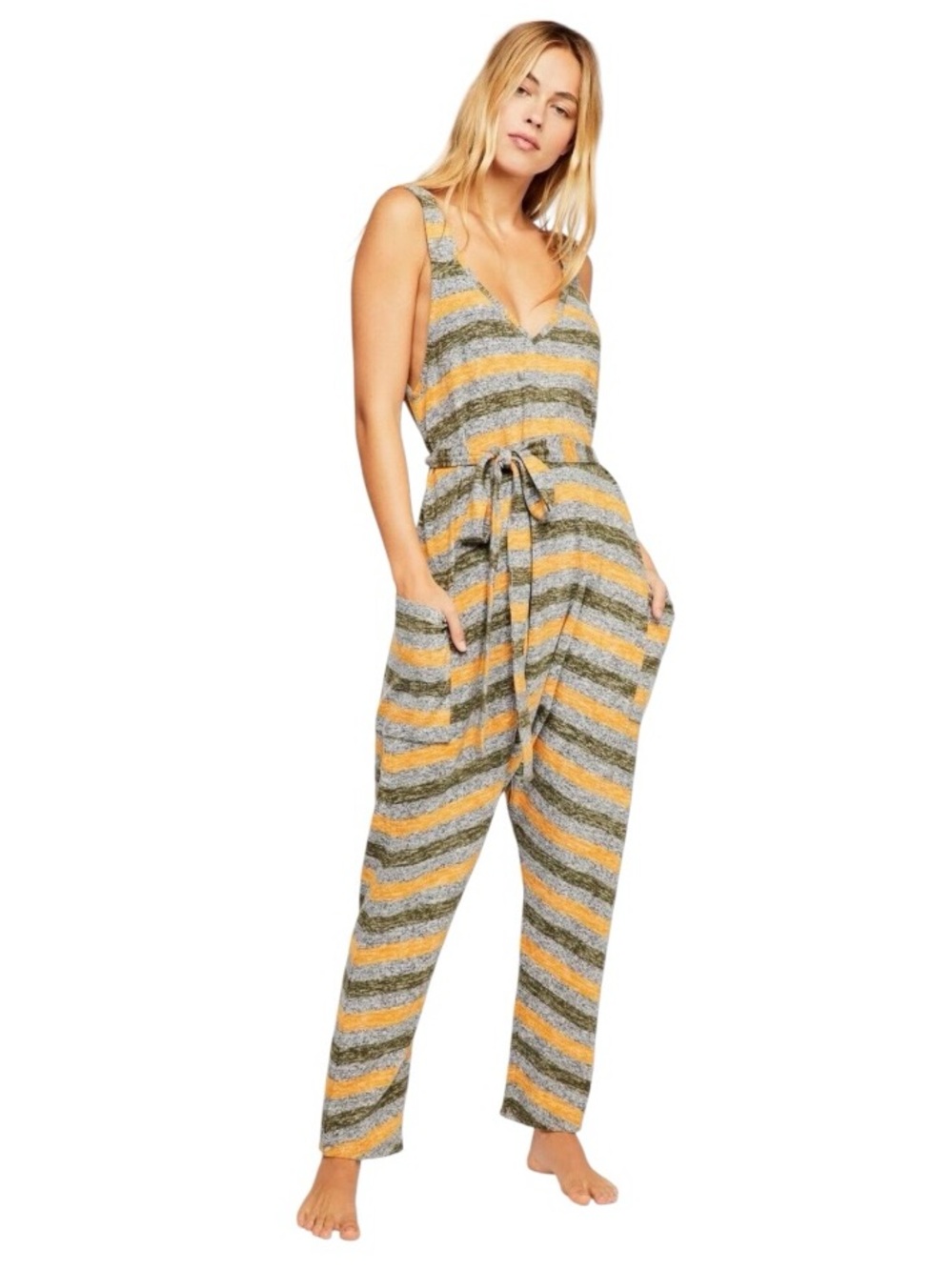 Free People Intimately Free Back In The Game Striped Belted Jumpsuit size XS